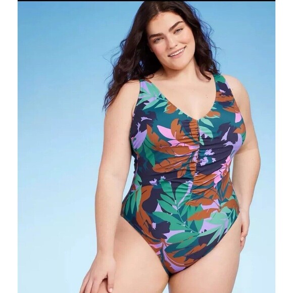 Women's Shade & Shore Shirred Plunge Swimsuit Multi Floral Print 16 NWT - Picture 1 of 3